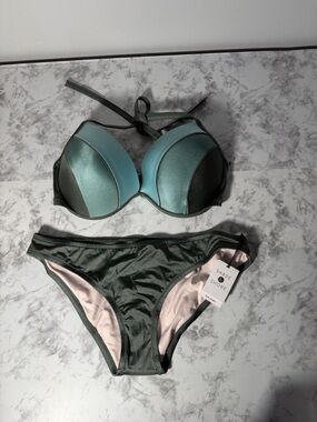 Shade & Shore Olive and Teal Bikini Set Size Large Bottom/36DD Top